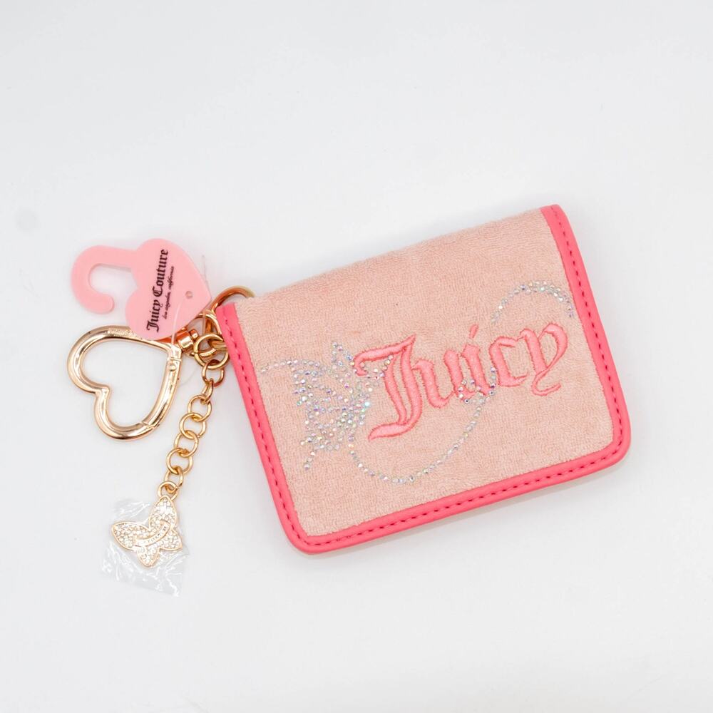 NWT Juicy Couture Wing It Card Case Key Fob Wallet Pink Lemonade Butterfly Bling